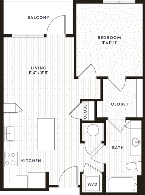 Floor plan for 1 bed, 1 bath, 679 sqft
